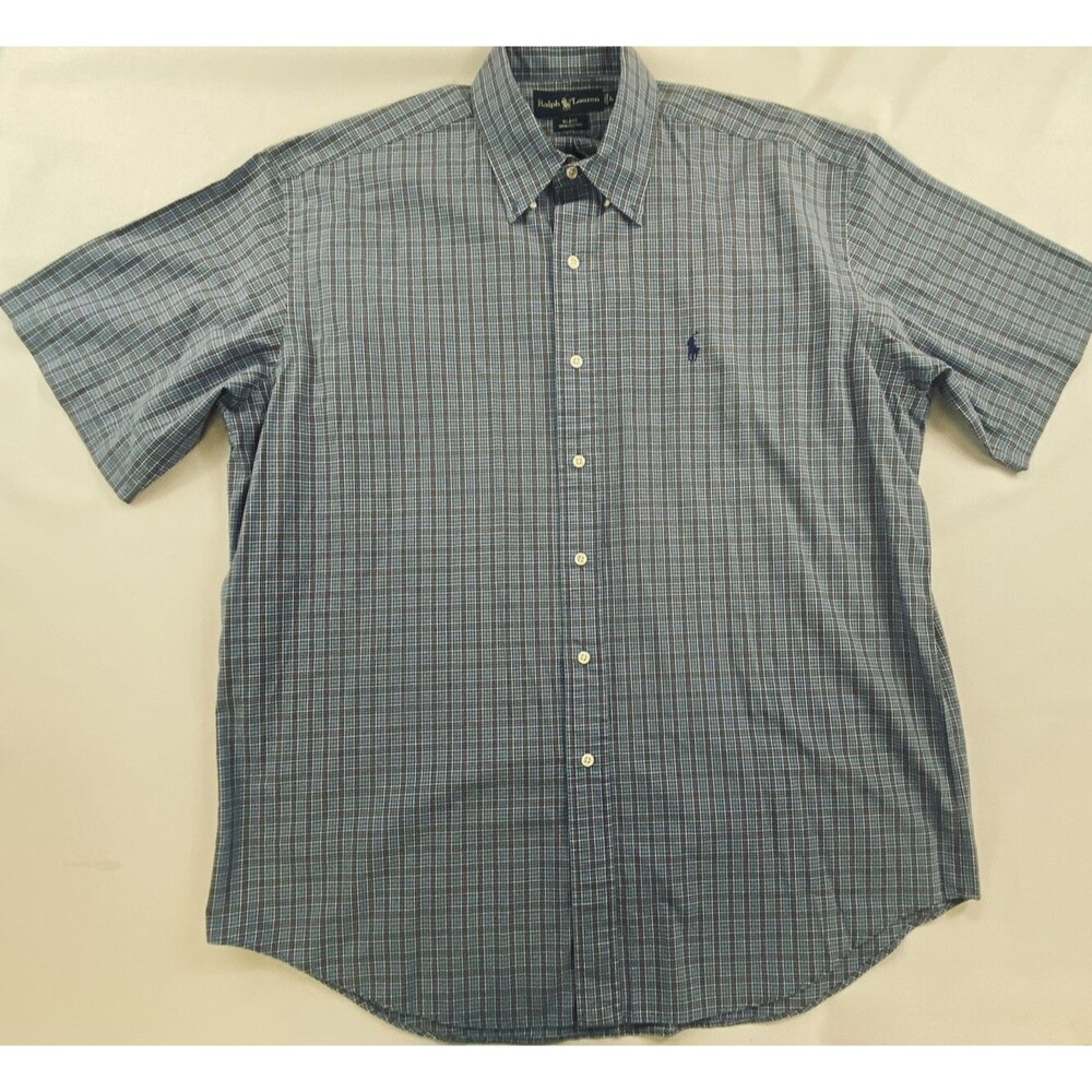 Ralph Lauren Mens Blues Small Plaid Button Down Blake Fit Short Sleeve Shirt  L